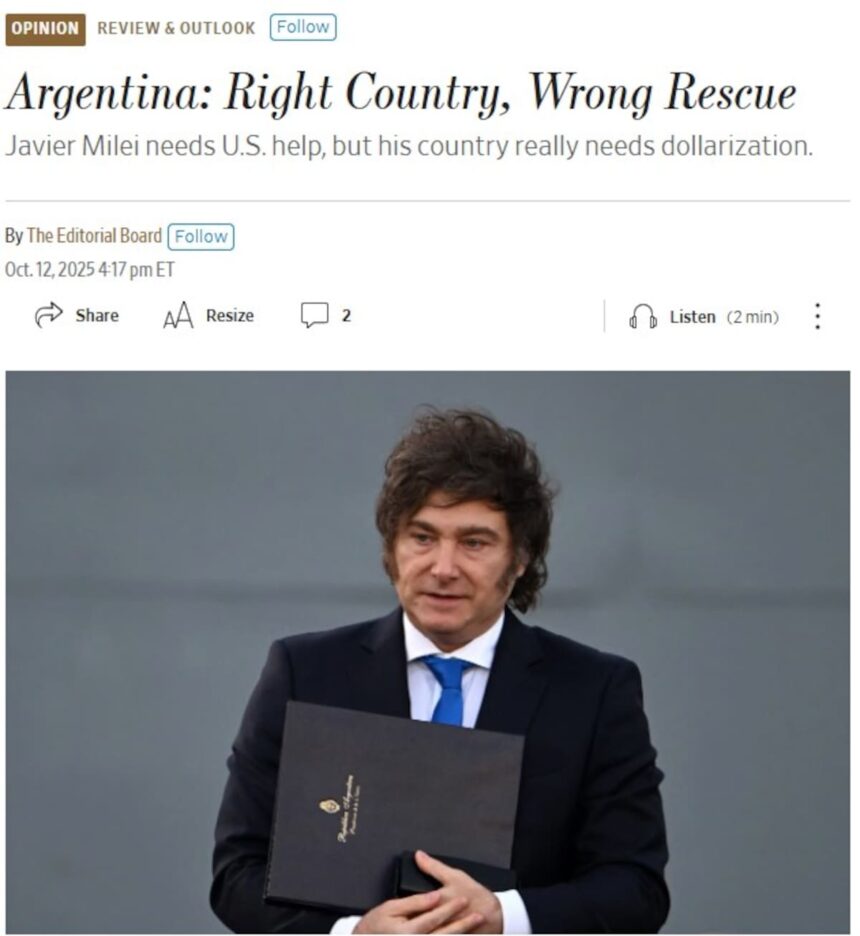 The Wall Street Journal dice que la dolarización es "esencial" para la Argentina