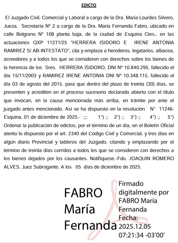 Edicto Sucesorio: Herrera Isidoro e Irene Antonia Ramírez